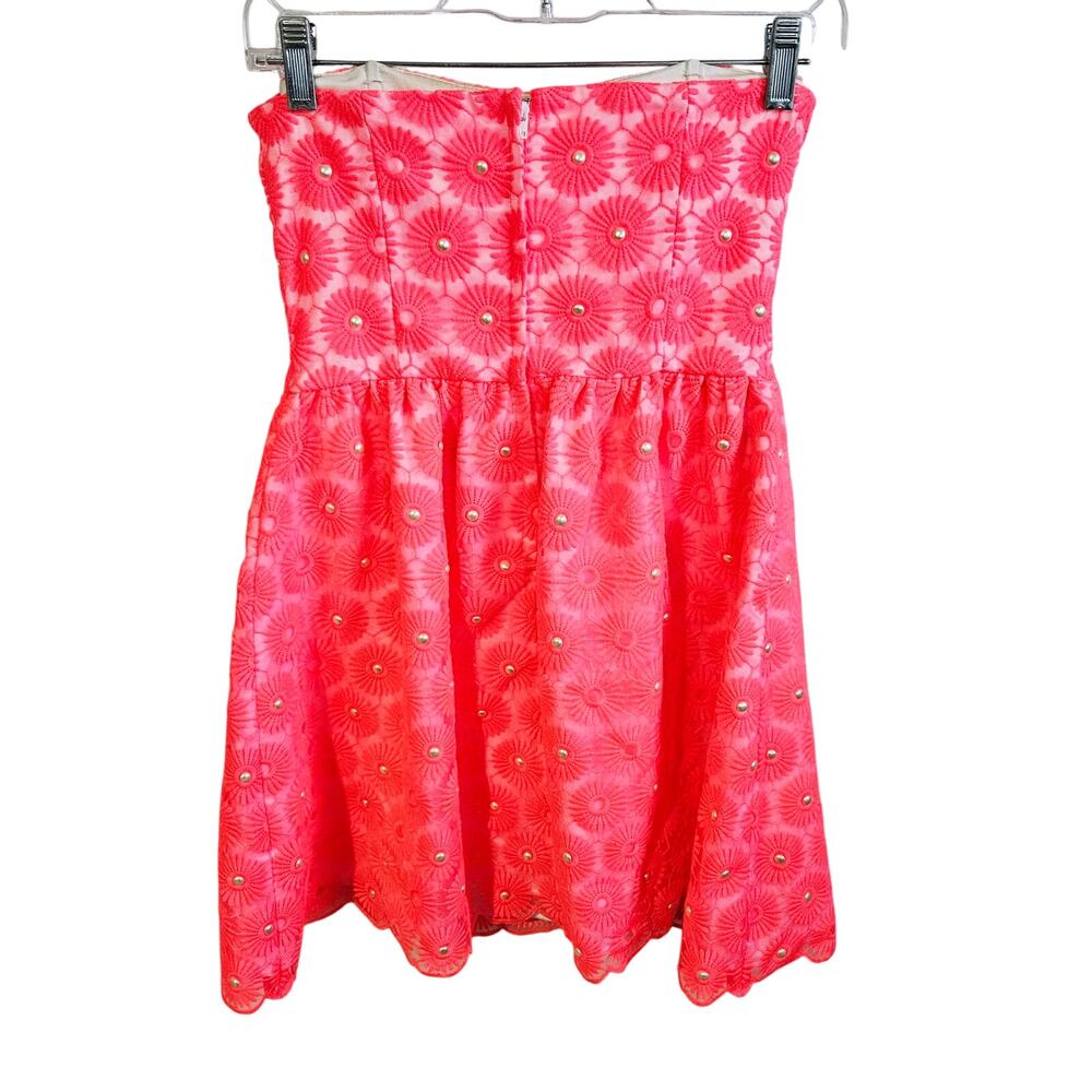 Lilly Pulitzer Size 4 Strapless Mini Dress Coral Red Embroidered Pinwheel Floral - Picture 3 of 5